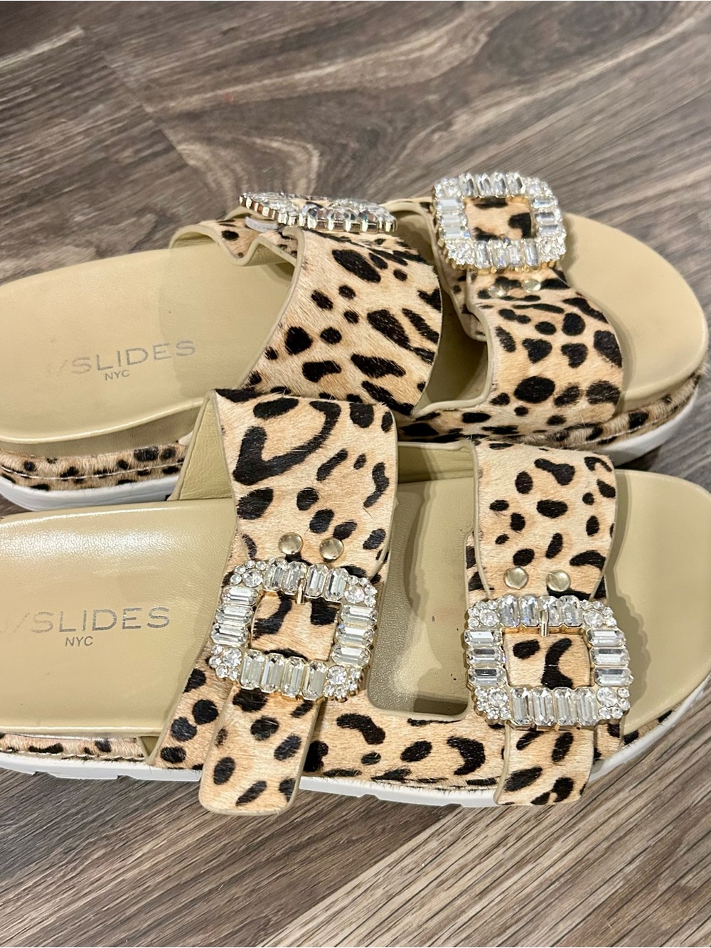 Leopard/cheetah Print Slide Sandals with Crystal Buckles - Beige Black